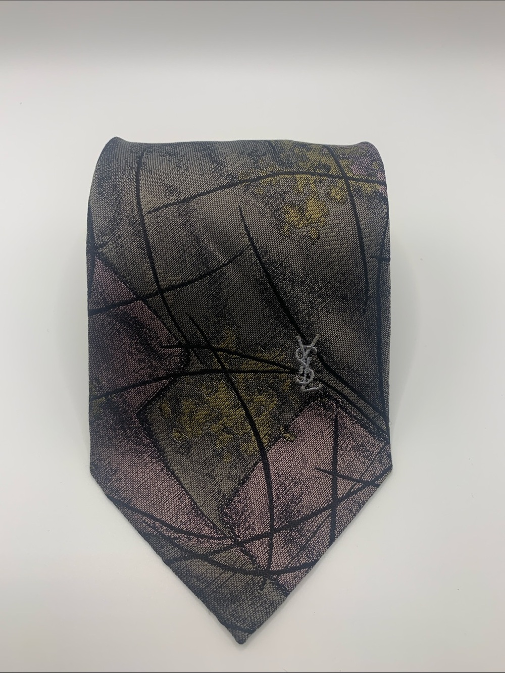 Yves Saint Laurent Abstract Pattern Tie in Black, Pink and Gold